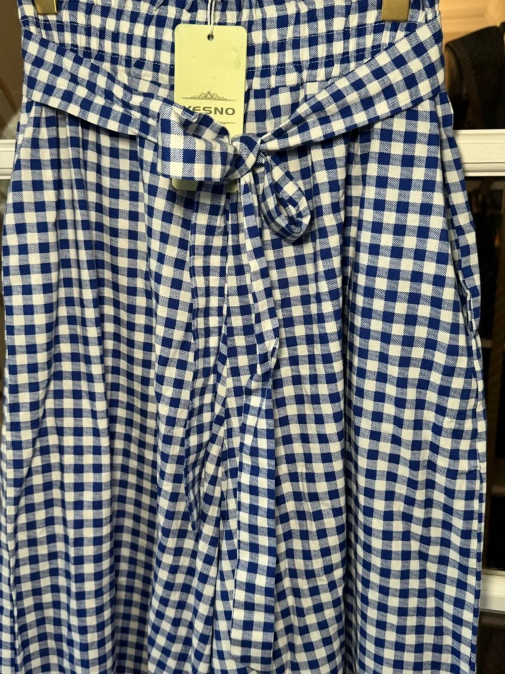 💙🤍💙 Blue and White Gingham Wide Leg Tie-Waist Culotte Capri Flowy Gaucho - Picture 4 of 7